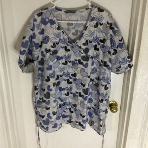 Wear for Care blue hearts mock tie wrap scrub top